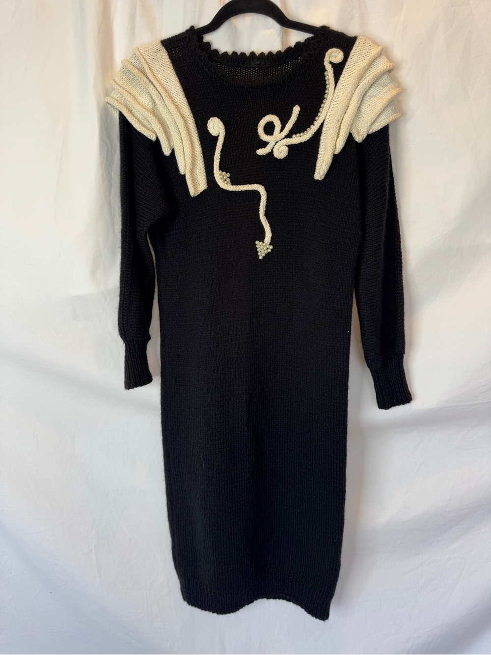 Vintage Black Knit Sweater Midi Dress with Cream Shoulder and Pearl Detail